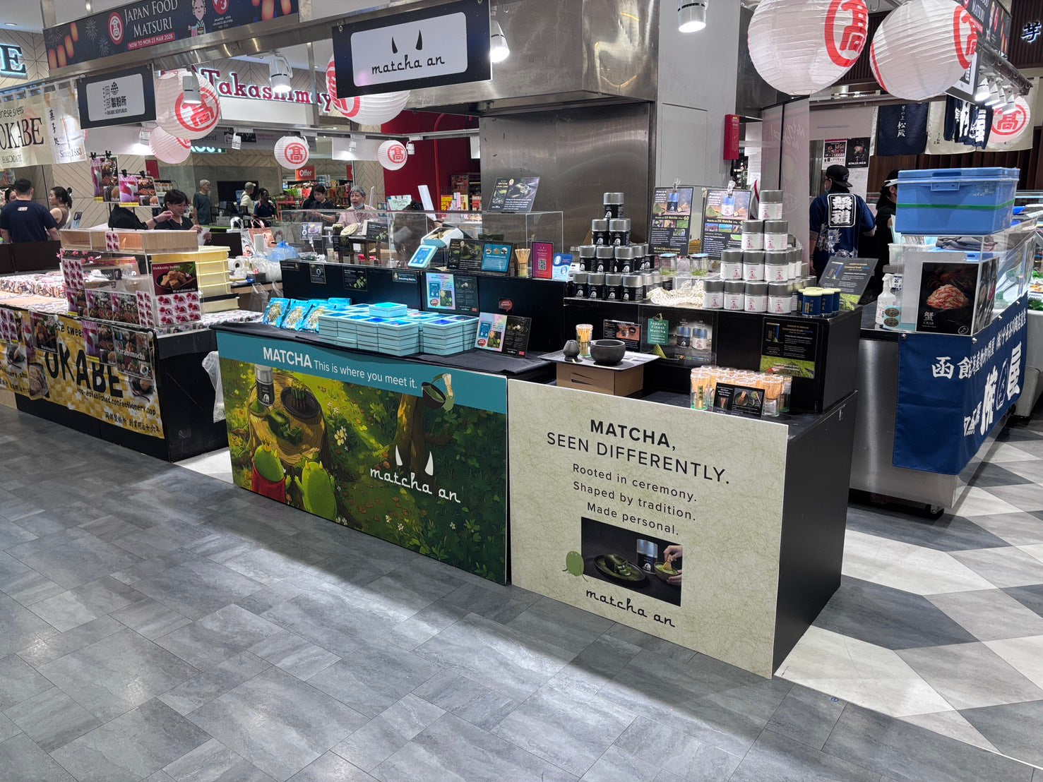 Matcha An booth at Takashimaya Japan Food Faire Singapore featuring Matcha Lava Cake and premium Japanese matcha products